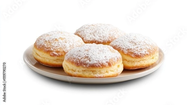 Fototapeta Freshly baked pastries dusted with powdered sugar served on a light plate against a clean white background ideal for dessert themes