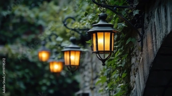 Fototapeta Hanging decorative lanterns illuminating a historic stone bridge surrounded by lush greenery at dusk