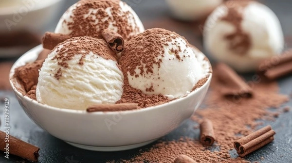 Fototapeta Decadent chocolate dusted vanilla ice cream served in a bowl with cocoa powder and chocolate curls on a dark surface.