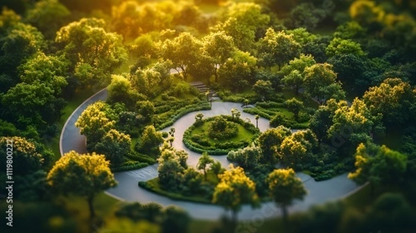 Fototapeta Aerial photograph of a miniature architectural park model featuring tiny trees and pathways. The top-down perspective with tilt-shift effect showcases detailed landscape design and urban planning elem