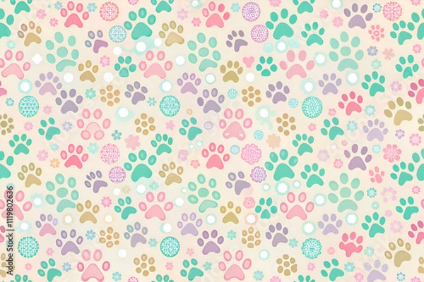 Fototapeta Pastel Paw Prints and Flowers. A Charming Seamless Pattern