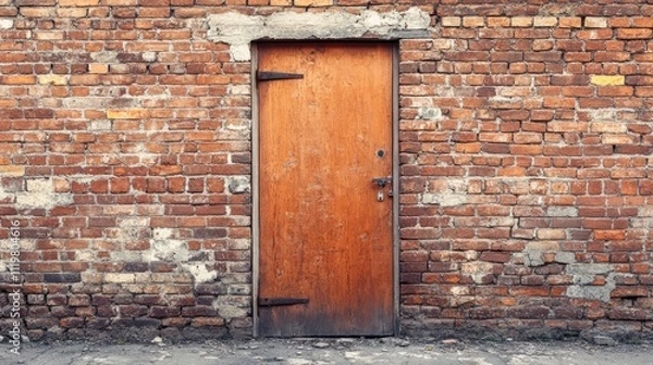 Fototapeta Bricked Up Door with Cinder Block Wall Texture in an Abandoned House Exterior Setting
