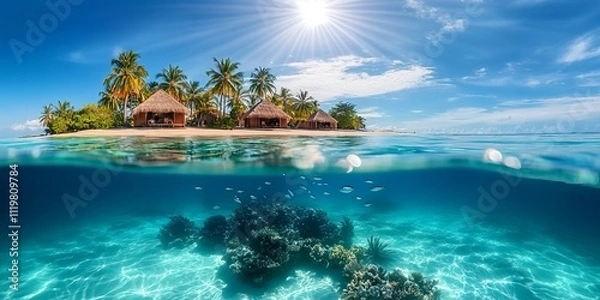 Fototapeta Tropical Island Paradise: Serene Beach Resort with Crystal-Clear Waters