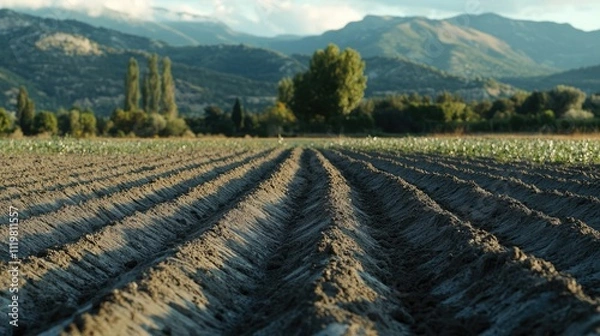Fototapeta Closeup of a freshly plowed agricultural field with textured soil and distant hills for sustainable farming and planting initiatives