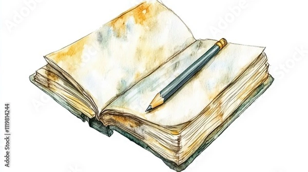 Fototapeta Watercolor Painting of an Open Book and Pencil