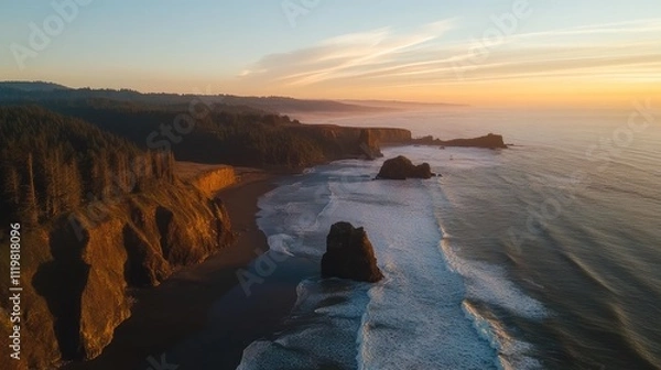 Fototapeta Aerial view of dramatic cliffs and serene river along the coastline at sunset showcasing nature's beauty and tranquility