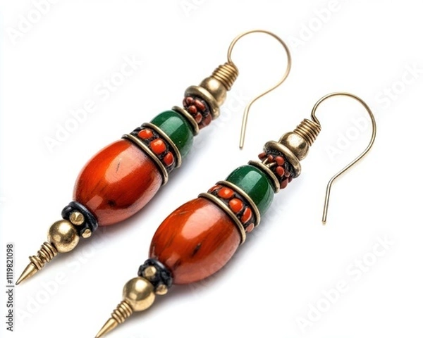 Fototapeta Colorful handmade earrings with intricate bead design, white isolated background.