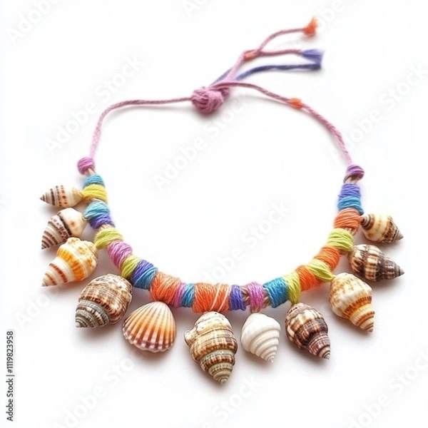 Fototapeta Colorful shell necklace on a white isolated background.