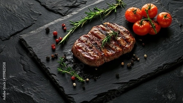 Fototapeta European cuisine collage featuring grilled steak, fresh herbs, and tomatoes on a dark stone background in a gourmet presentation.