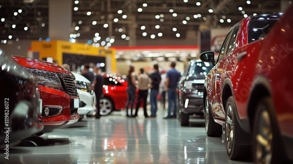 Obraz Shoppers engage actively as they browse through numerous vehicles.