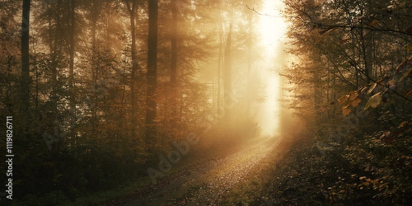 Fototapeta Mystical golden scenery in a forest with sunlight and fog