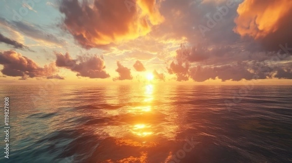 Fototapeta Breathtaking sunset over the ocean with golden reflections and dramatic clouds creating a serene and peaceful atmosphere