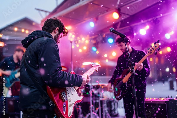 Obraz band performing at winter festival with snowflakes falling, creating magical atmosphere. colorful lights enhance festive mood