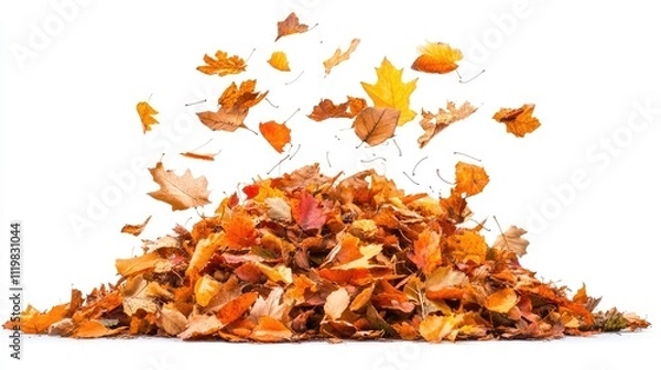 Fototapeta Colorful autumn leaves swirling and falling into a vibrant pile against a bright background representing the beauty of fall season.
