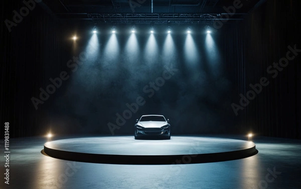 Fototapeta sleek car on circular stage illuminated by dramatic lights in dark space