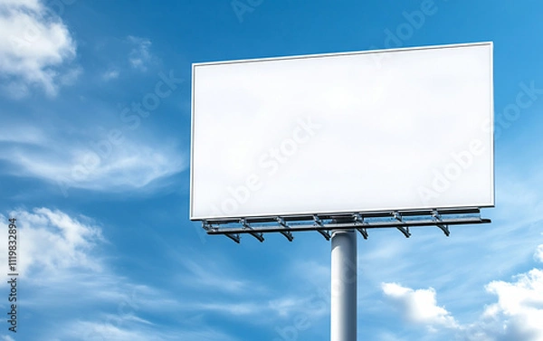 Fototapeta blank white billboard stands tall against bright blue sky with clouds, perfect for advertising