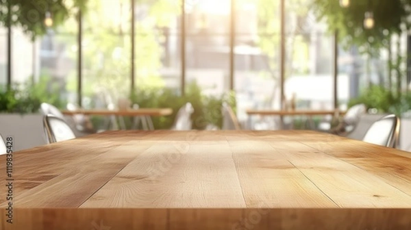 Fototapeta Modern cafe interior with wooden table and silver chairs surrounded by greenery and sunlight creating a warm inviting atmosphere