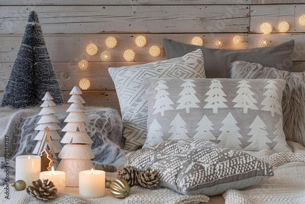 Fototapeta Scandinavian Christmas Aesthetic: White Wooden Background with Nordic Patterns, Natural Pine Cones, Andy Space for Text – Ideal for Holiday Promotions
