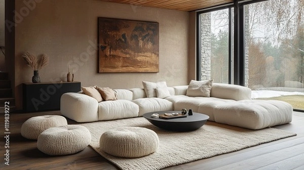 Obraz Cozy and Modern Living Room with Plush Beige Rug and L-Shaped Sofa