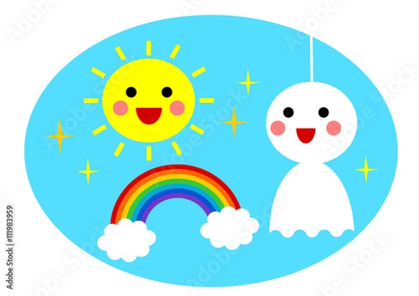 Fototapeta お天気のイラスト: てるてる坊主と太陽と虹