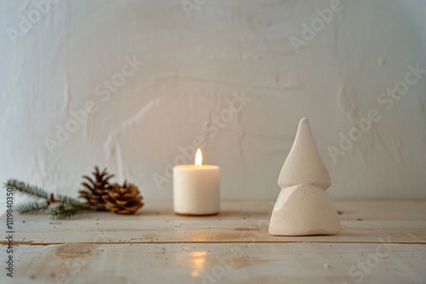 Fototapeta Scandinavian Christmas Aesthetic: White Wooden Background with Nordic Patterns, Natural Pine Cones, Andy Space for Text – Ideal for Holiday Promotions