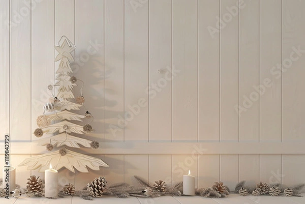 Fototapeta Scandinavian Christmas Aesthetic: White Wooden Background with Nordic Patterns, Natural Pine Cones, Andy Space for Text – Ideal for Holiday Promotions