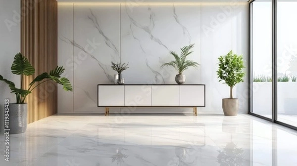 Obraz Modern living room cabinet with granite floor tiles showcased in a 3D rendering. 
