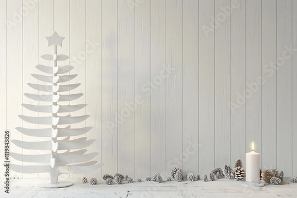 Fototapeta Scandinavian Christmas Aesthetic: White Wooden Background with Nordic Patterns, Natural Pine Cones, Andy Space for Text – Ideal for Holiday Promotions