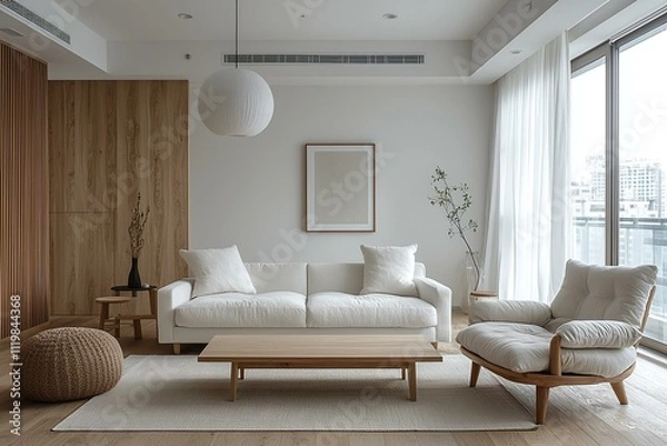 Fototapeta A living room photo of a combination of Scandinavian interiors and japandi interiors with minimalists, armchairs and sofas, and wood finishing parts of the walls. Generative AI
