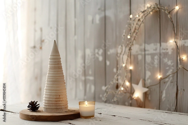 Fototapeta Christmas Home Decor: White Tree and Winter Pine Cone Arrangement – Ideal for Holiday Promotions