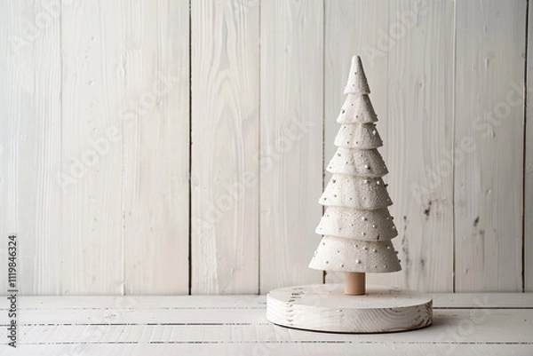 Fototapeta Scandinavian Christmas Aesthetic: White Wooden Background with Nordic Patterns, Natural Pine Cones, Andy Space for Text – Ideal for Holiday Promotions