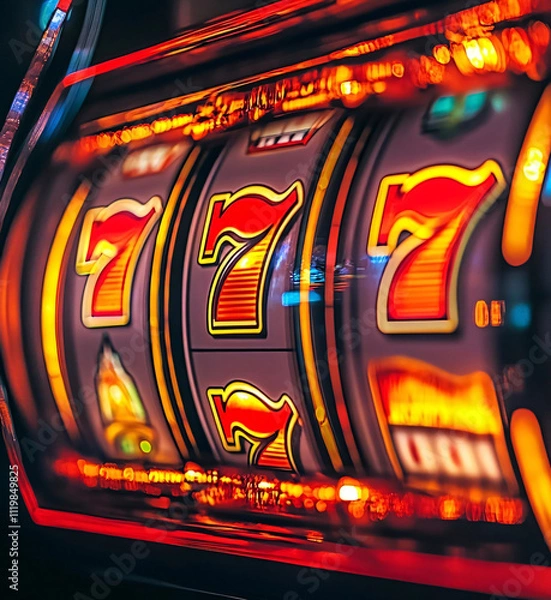 Obraz A close-up of a brightly lit slot machine displaying a winning combination of triple sevens, surrounded by vibrant red and orange glowing accents