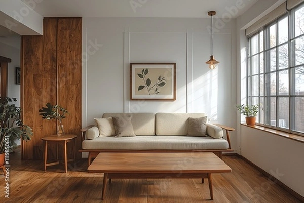 Fototapeta A living room photo of a combination of Scandinavian interiors and japandi interiors with minimalist, sofa and table and pendant lights. Generative AI
