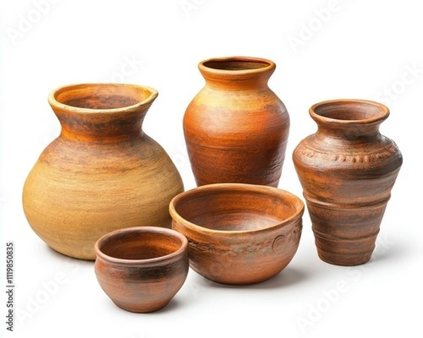 Fototapeta Set of handcrafted pottery vases in various shapes and sizes, isolated on white background.