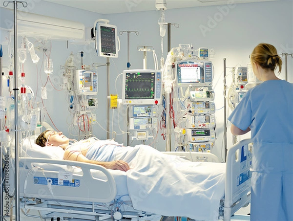 Fototapeta Modern hospital intensive care unit with medical equipment and healthcare professionals attending a patient. Clean sterile environment with advanced life support systems.