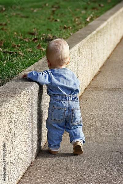 Fototapeta A toddler learning to walk near a pavement edge on a sunny day, symbolizing growth, determination, and early childhood milestones.