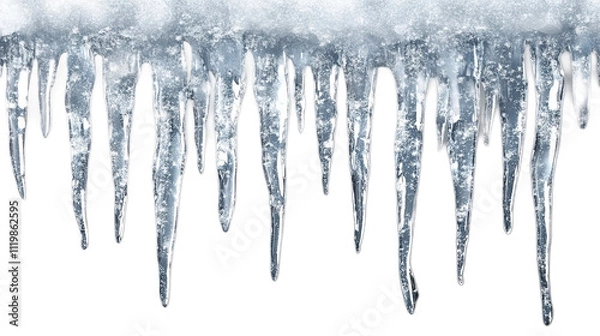 Fototapeta A row of icicles on a transparent background. They hang down, creating the effect of natural melting of ice.