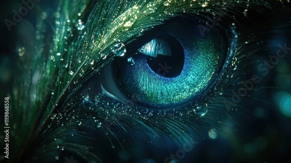 Fototapeta A close-up of a vibrant, detailed eye resembling a peacock's, with water droplets.