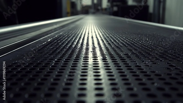 Fototapeta Close-up view of a perforated metal surface with water droplets. Industrial design and texture. Perfect for industrial background and machinery design. 