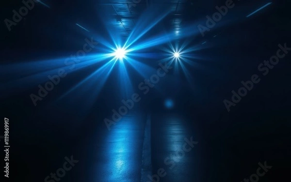 Fototapeta Bright blue beams illuminate a dark space during a vibrant light show at an indoor event