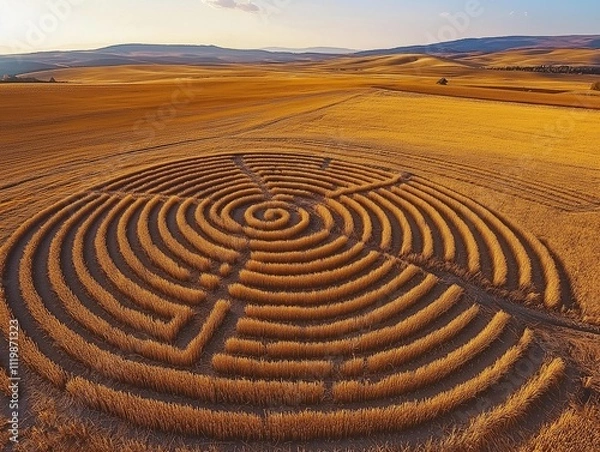 Obraz Aerial view of a massive crop circle with intricate, unique geometric patterns carved into a golden wheat field