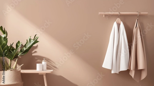 Obraz Cozy interior featuring minimalistic decor with draped towels and natural elements in a soothing setting