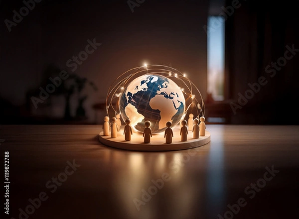 Fototapeta Illuminated globe encircled by small figures, representing global connection and community on a wooden surface.  A subtle glow emanates from the network.