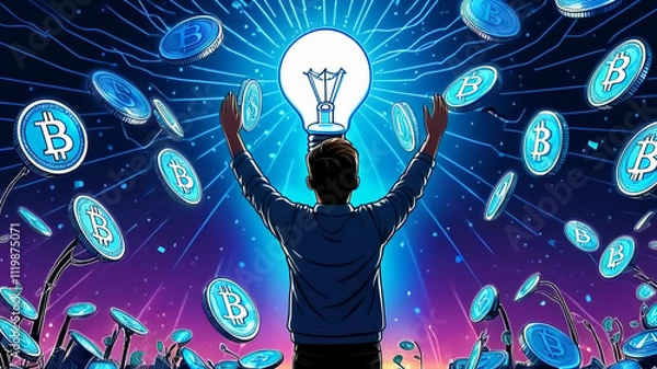 Obraz Man with burning light bulb of new ideas against falling money and cryptocurrency coins background, business ideas concept