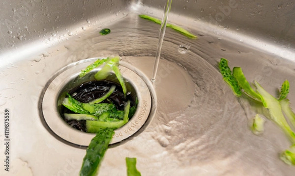 Fototapeta Efficient kitchen waste disposal system handling cucumber peels with running water in a modern sink setup.