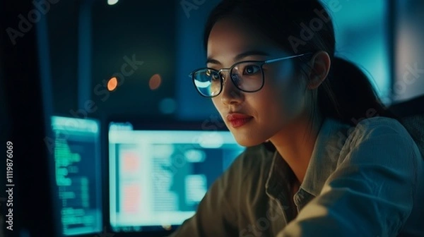 Fototapeta Asian woman focused on laptop work, surrounded by screens, symbolizing technology and productivity.
