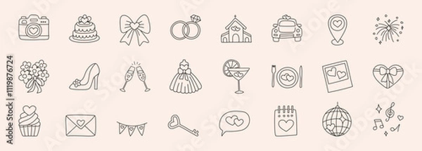 Fototapeta Wedding hand drawn doodle icon set - star, sparkle, heart, rings, glasses, car, church, bow, dress, cake, envelope. Sketch vector marriage symbol on white background for decoration invitation, card.