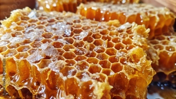 Fototapeta Close-up of Golden Honeycomb with a Glossy Finish