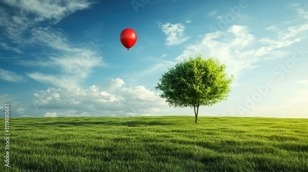 Fototapeta A Vibrant Red Balloon Floating Above a Lush Green Grass Field with a Solitary Tree Under a Beautiful Blue Sky and Fluffy White Clouds in the Background
