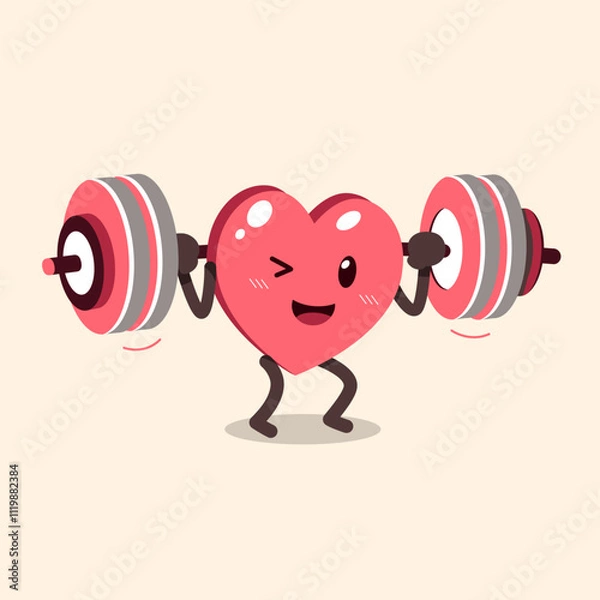 Obraz Cartoon cute heart character doing weight training with barbell for design.